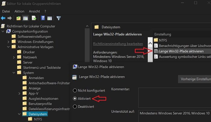 windows 10 creators dateipfad zu lang zeichenfolge 255 gruppenrichtlinie fehler beheben