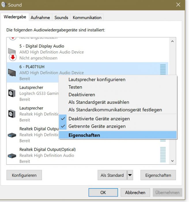 windows 10 audiogeräte monitor headset boxen lautsprecher deaktivieren neustart automatisch aktiv