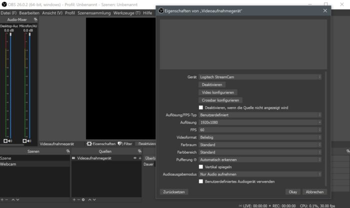 stream cam ohne treiber oder software obs studio
