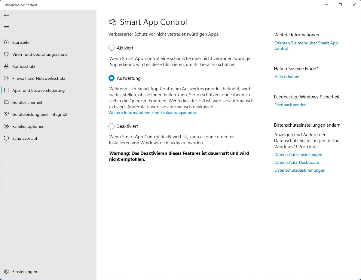 smart app control deaktivieren aktivieren windows 11