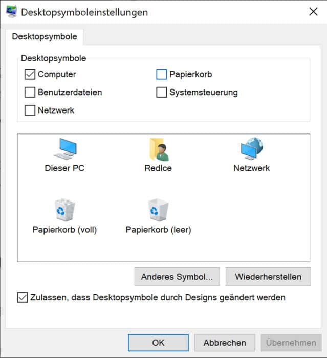 Windows 10 - Desktopsymbole (Papierkorb, Arbeitsplatz, Eigene Dateien