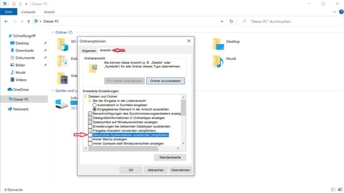 windows 10 versteckte systemdateien einbleden ausblenden anzeigen deaktivieren