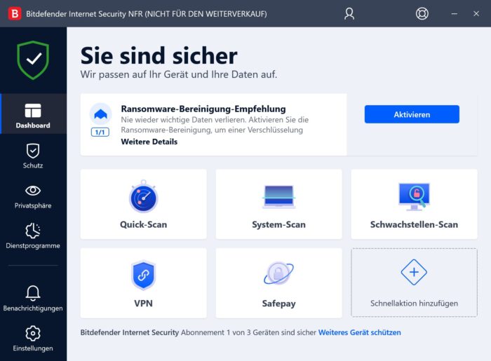 Bitdefender Internet Security Dashboard