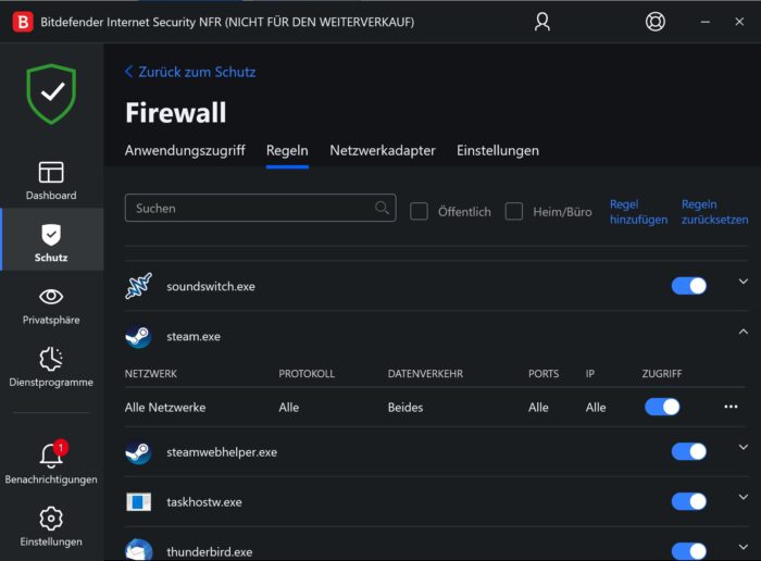 Bitdefender Internet Security Firewall Regeln