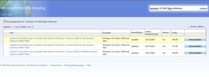 adobe flash player windows 10 2004 entfernen update katalog microsoft support ende